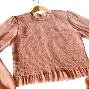 Chelsea & Violet Blush Smocked Textured Top, Feminine Ruffles Sheer Long Sleeves